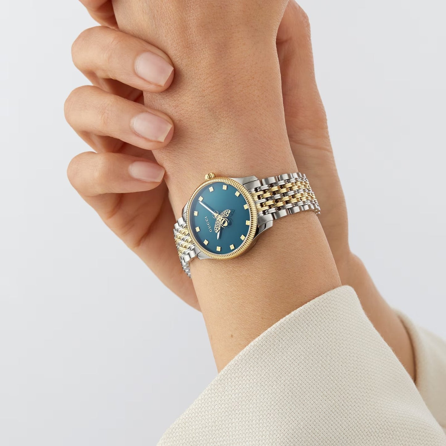 Gucci G-Timeless YA1265029 Women’s 27mm Quartz Watch – Teal Bee Dial, Two-Tone Bracelet