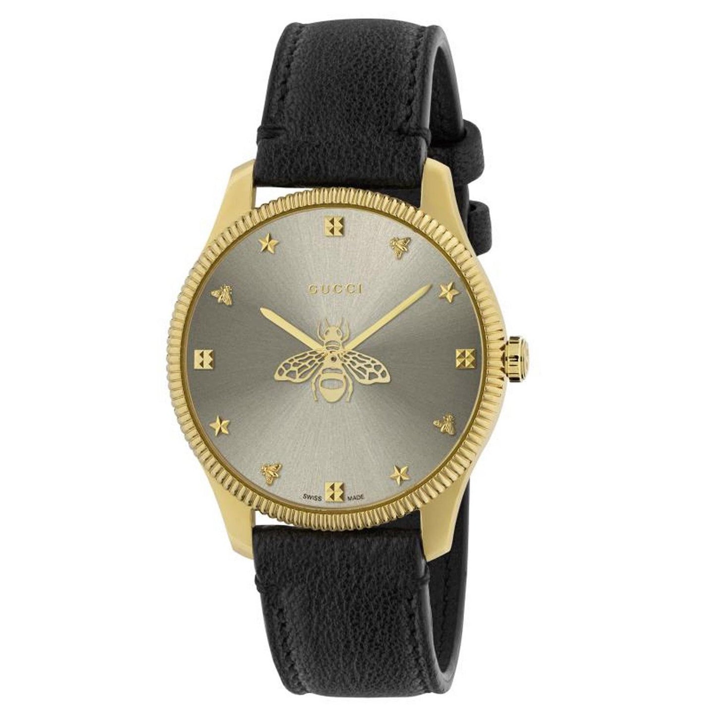 Elegant Gucci G-Timeless Ladies' Gold Tone Black Leather Watch