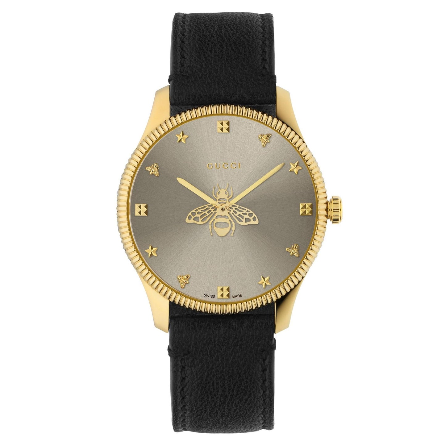 Elegant Gucci G-Timeless Ladies' Gold Tone Black Leather Watch