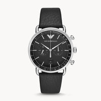 Emporio Armani Aviator Chronograph Black Dial Black Leather Strap Watch For Men - AR11143