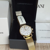 Emporio Armani Aviator Chronograph Quartz Beige Dial Gold Mesh Bracelet Watch For Men - AR11315