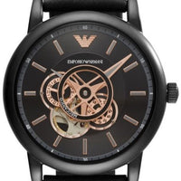 Emporio Armani Luigi Automatic Skeleton Black Dial Black Leather Strap Watch For Men - AR60012