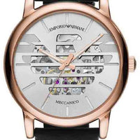 Emporio Armani Meccanico Skeleton Silver Dial Black Leather Strap Watch For Men - AR60031