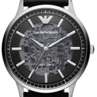 Emporio Armani Meccanico Skeleton Automatic Black Dial Black Leather Strap Watch for Men - AR60038