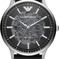 Emporio Armani Meccanico Skeleton Automatic Black Dial Black Leather Strap Watch for Men - AR60038