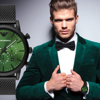 Emporio Armani Luigi Chronograph Green Dial Black Mesh Bracelet Watch For Men - AR11470