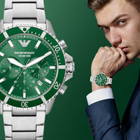 Emporio Armani Diver Chronograph Green Dial Silver Steel Strap Watch For Men - AR11500