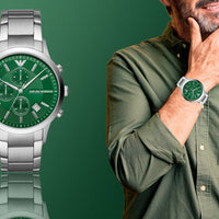 Emporio Armani Renato Chronograph Green Dial Silver Steel Strap Watch For Men - AR11507