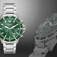 Emporio Armani Diver Chronograph Green Dial Silver Steel Strap Watch For Men - AR11500