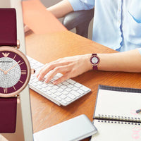 Emporio Armani Gianni T Bar Crystals Maroon Dial Maroon Leather Strap Watch for Women - AR11487