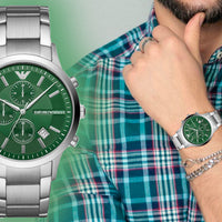 Emporio Armani Renato Chronograph Green Dial Silver Steel Strap Watch For Men - AR11507