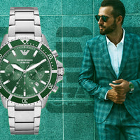 Emporio Armani Diver Chronograph Green Dial Silver Steel Strap Watch For Men - AR11500