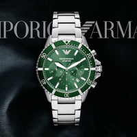 Emporio Armani Diver Chronograph Green Dial Silver Steel Strap Watch For Men - AR11500