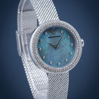 Emporio Armani Rosa Diamonds Mother of Pearl Blue Dial Silver Mesh Bracelet Watch For Women - AR11380