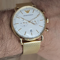 Emporio Armani Aviator Chronograph Quartz Beige Dial Gold Mesh Bracelet Watch For Men - AR11315