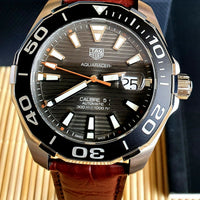 Tag Heuer Aquaracer Caliber 5 Black Dial Brown Leather Strap Watch for Men - WAY201M.FC6474