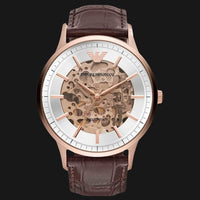 Emporio Armani Meccanico Automatic Silver Dial Brown Leather Strap Watch For Men - AR60039