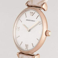 Emporio Armani Gianni T Bar Analog Silver Dial Beige Leather Strap Watch For Women - AR11127