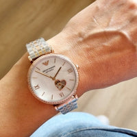 Emporio Armani Meccanico Automatic Mother of Pearl Dial Two Tone Steel Strap Watch For Women - AR60049