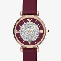 Emporio Armani Gianni T Bar Crystals Maroon Dial Maroon Leather Strap Watch for Women - AR11487