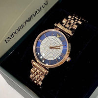 Emporio Armani Gianni T-Bar Quartz Crystals Black Dial Gold Steel Strap Watch For Women - AR11423