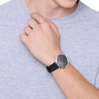 Emporio Armani Modern Slim Quartz Grey Dial Black Leather Strap Watch For Men - AR11162