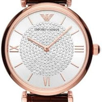 Emporio Armani Gianni T-Bar Silver Dial Brown Leather Strap Watch For Women - AR11269