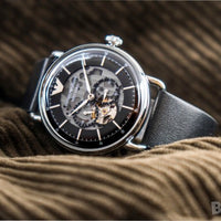 Emporio Armani Meccanico Skeleton Black Dial Black Leather Strap Watch For Men - AR60026