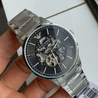 Emporio Armani Meccanico Automatic Black Dial Silver Steel Strap Watch For Men - AR60055