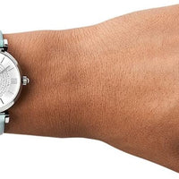 Emporio Armani Gianni T Bar Analog Crystals Silver Dial Blue Leather Strap Watch For Women - AR11443