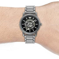 Emporio Armani Meccanico Automatic Skeleton Black Dial Silver Steel Strap Watch For Men - AR60021
