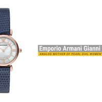 Emporio Armani Gianni T-Bar Analog Mother of Pearl Dial Blue Leather Strap Watch For Women - AR11468