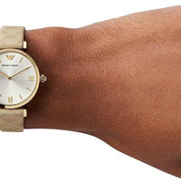 Emporio Armani Gianni T Bar Analog Silver Dial Beige Leather Strap Watch For Women - AR11127