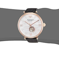 Emporio Armani Gianni T Bar Mother of Pearl White Dial Black Leather Strap Watch For Women - AR60047