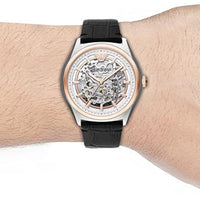 Emporio Armani Zeta Skeleton Automatic Silver Dial Black Leather Strap Watch For Men - AR60018