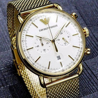 Emporio Armani Aviator Chronograph Quartz Beige Dial Gold Mesh Bracelet Watch For Men - AR11315