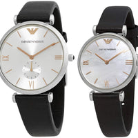 Emporio Armani Gianni T Bar Mother of Pearl Dial Black Leather Strap Watch For Women - AR90002