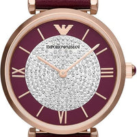 Emporio Armani Gianni T Bar Crystals Maroon Dial Maroon Leather Strap Watch for Women - AR11487