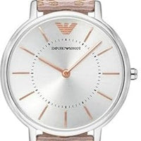 Emporio Armani Gianni T Bar Quartz Silver Dial Beige Leather Strap Watch For Women - AR80007