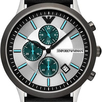 Emporio Armani Renato Chronograph Silver Dial Black Leather Strap Watch for Men - AR11473