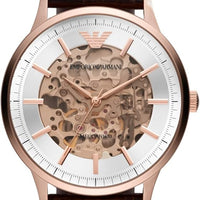 Emporio Armani Meccanico Automatic Silver Dial Brown Leather Strap Watch For Men - AR60039