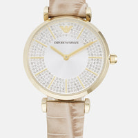 Emporio Armani Gianni T Bar Crystals Silver Dial Brown Leather Strap Watch For Women - AR11518