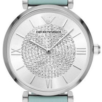 Emporio Armani Gianni T Bar Analog Crystals Silver Dial Blue Leather Strap Watch For Women - AR11443
