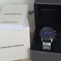 Emporio Armani Mario Chronograph Blue Dial Grey Steel Strap Watch For Men - AR80045