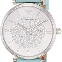 Emporio Armani Gianni T Bar Analog Crystals Silver Dial Blue Leather Strap Watch For Women - AR11443