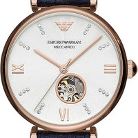 Emporio Armani Gianni T-Bar Analog Silver Dial Blue Leather Strap Watch For Women - AR60020