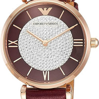 Emporio Armani Gianni T Bar Crystals Maroon Dial Maroon Leather Strap Watch for Women - AR11487