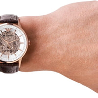 Emporio Armani Meccanico Automatic Silver Dial Brown Leather Strap Watch For Men - AR60039