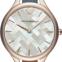 Emporio Armani Aurora Quartz Mother of Pearl White Dial Blue Leather Strap Watch For Women - AR11109