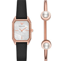 Emporio Armani Gianni T Bar Quartz Mother of Pearl Dial Blue Leather Strap Watch For Women - AR11466